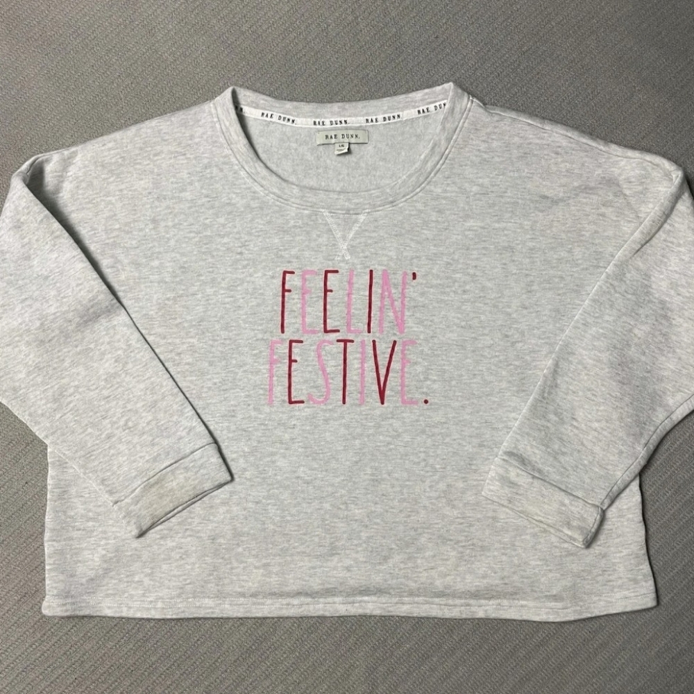 Rae Dunn Gray Sweatshirt Fleece Soft - Feelin' Festive HOLIDAY